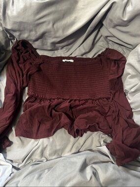 Smocked Long Sleeve Off-Shoulder Top in Deep Burgundy